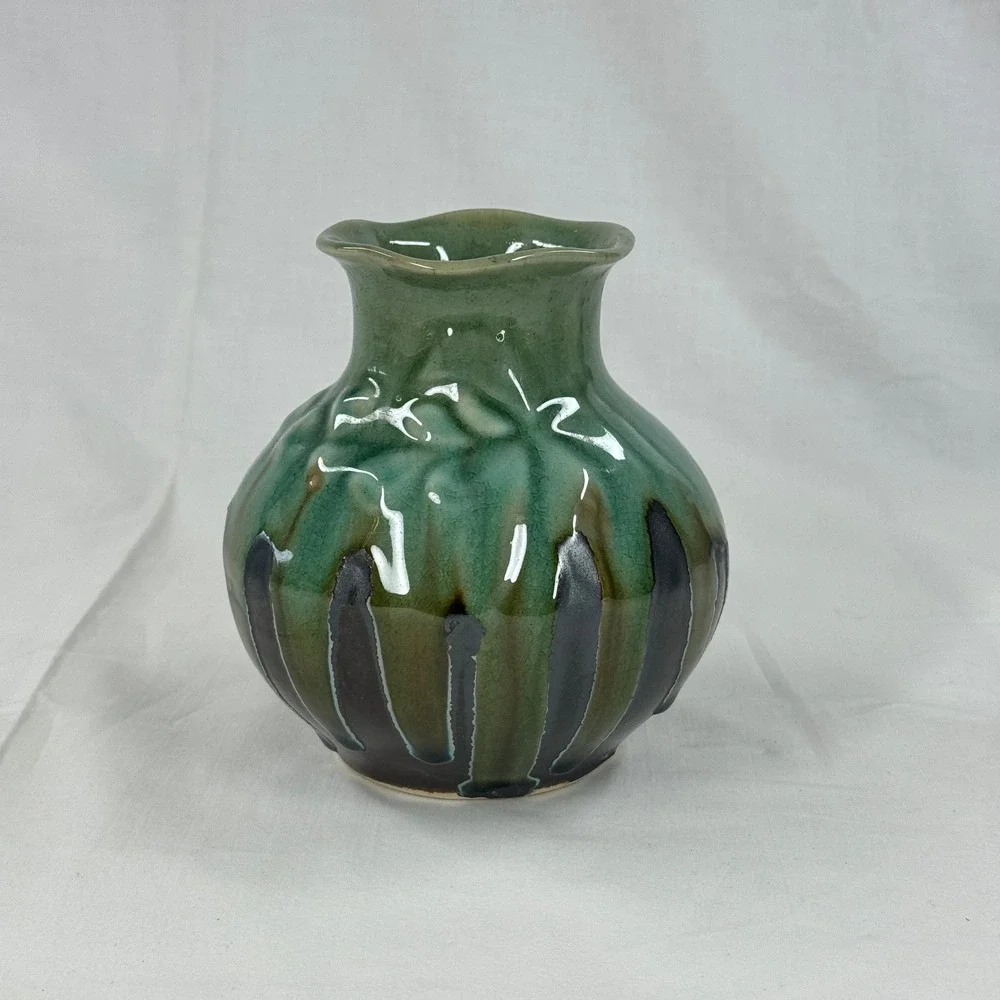 Vintage Studio Pottery Drip Glaze Vase‎ Green Brown Textured Scalloped Rim 5.5